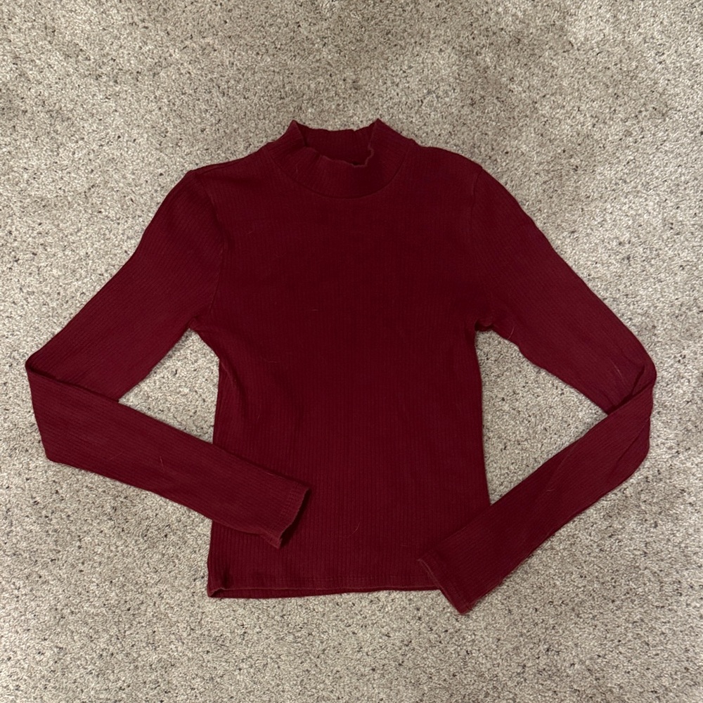 Hollister Burgundy Long Sleeve Cropped Mock Neck Slip Tee